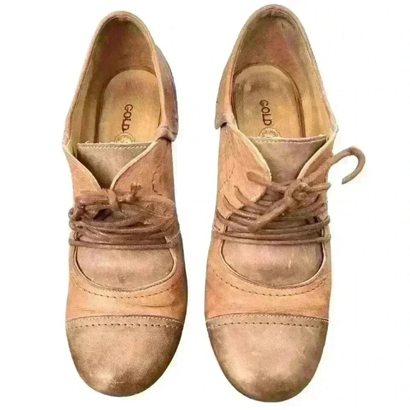 Gold Button Brown Leather Victorian Heels  Pumps - Picture 3 of 14